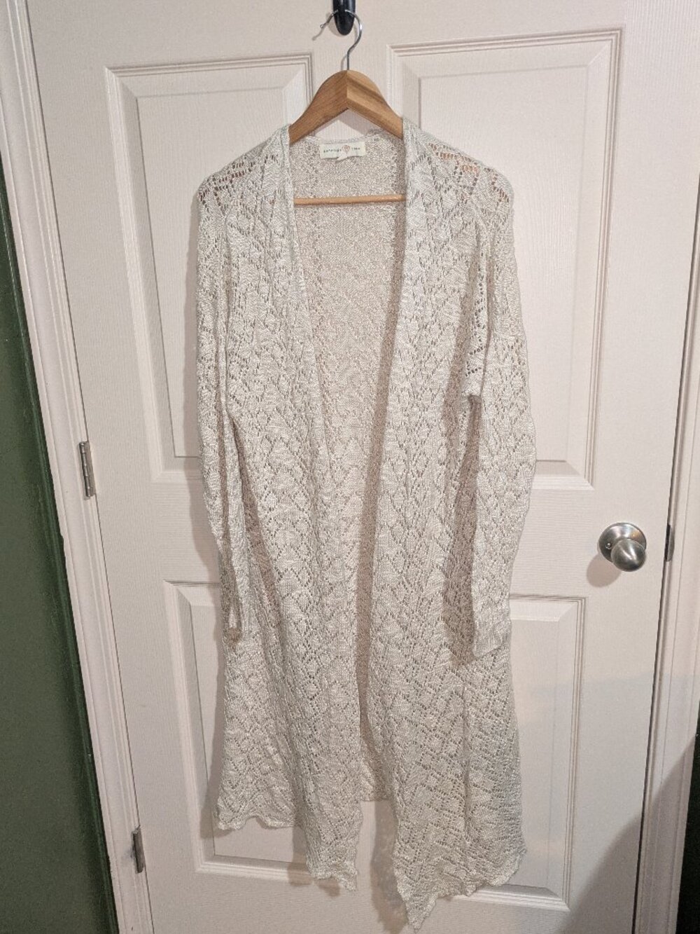 Penelope Rose Long Open Crochet Cardigan Women's L White Lacy Duster